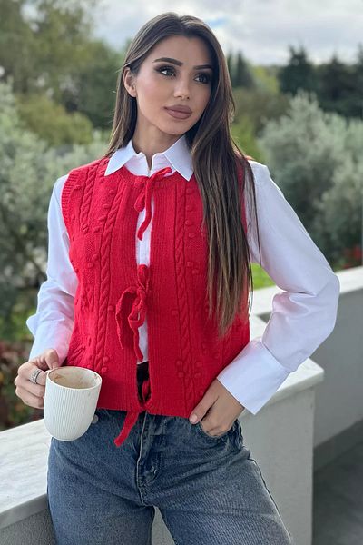 GÜLSELİ سترة نسائية محبوكة منقوشة باللون الأحمر