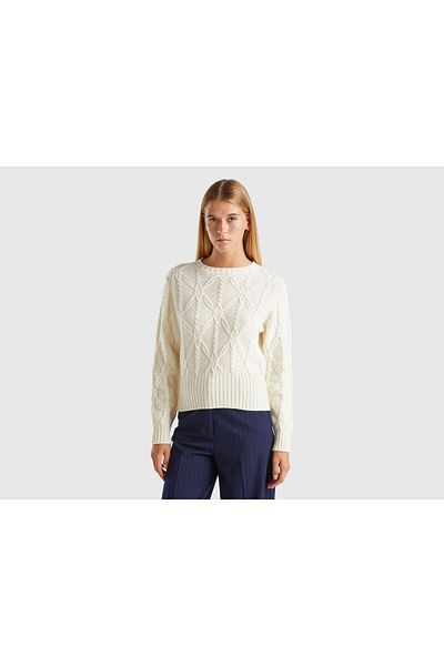 United Colors of Benetton Women's Cream Wool Blended Textured Braided Round Neck Sweater