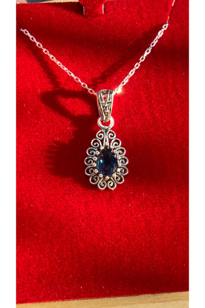 bigakan Mavi taşlı telkari işçilikli 925 ayar gümüş kolye oksitli