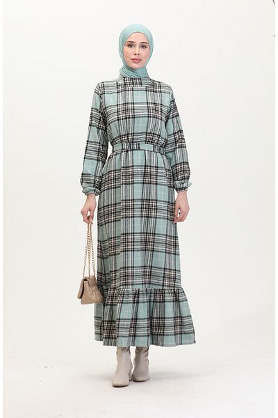 sefamerve Holzfäller-Stoffkleid mit Gürtel 0537-02 Grün