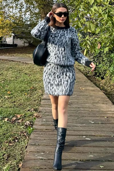 GÜLSELİ Black and Gray Women's Leopard Pattern Skirted Knitwear Set