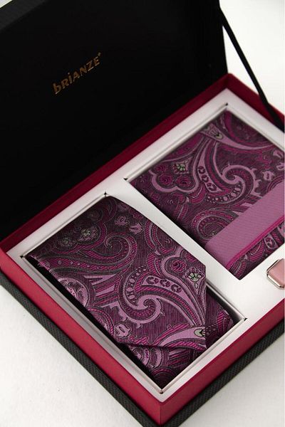 Brianze Pink Shawl Pattern Tie Handkerchief Cufflink Gift Set