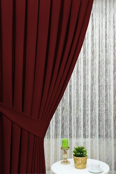 İ.D İpek Dokuma High Quality Claret Red Pleated Velvety Background Curtain - Single Wing