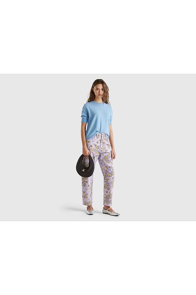 United Colors of Benetton Women's Lilac 100% Cotton All Floral Print 5 Pocket Balloon Pants