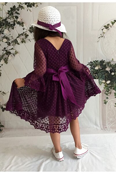 Mixie Μωβ φόρεμα για κορίτσια με καπέλο, κορδόνι, φόρεμα για κορίτσια Princess Model