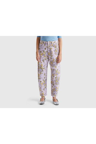 United Colors of Benetton Women's Lilac 100% Cotton All Floral Print 5 Pocket Balloon Pants