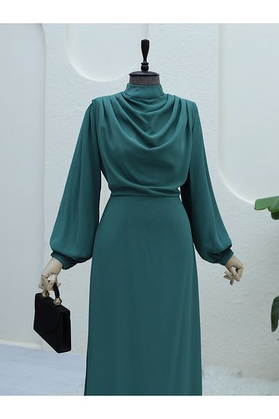 Modamorfo Mint Colored Crepe Dress with Stand Collar and Shoulder Detail