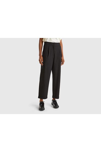 United Colors of Benetton Women's Black Wool and Liyosel Blended Pocket High Waist Cargo Pants