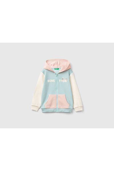 United Colors of Benetton Момичешко яке в аква зелено с качулка, дълги ръкави