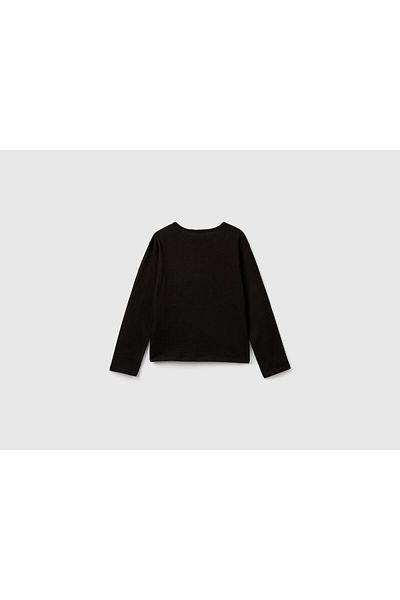 United Colors of Benetton Tricou cu mânecă lungă pentru fetiță, negru, cu paiete în față, cu logo brodat