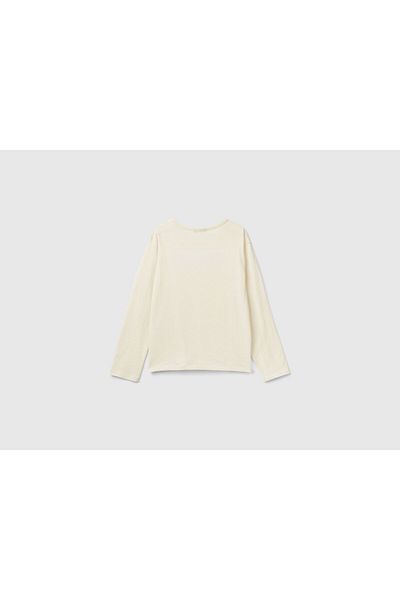 United Colors of Benetton Tricou cu mânecă lungă pentru fetiță, ecru, cu paiete în față, cu logo brodat