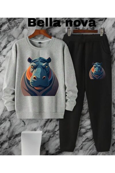 bellanova - 3 Yarn Printed Tracksuit Hooded Sweatshirt Bottom-Top Set