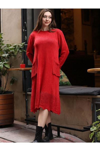 Sosyete Kaplumbağa Authentic 100% Cotton Knitwear Long Sleeve Pocket Wash Dress