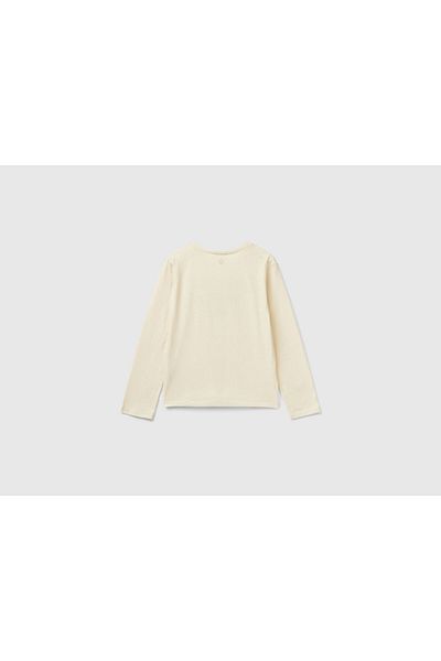 United Colors of Benetton Tricou cu mânecă lungă cu imprimeu în față brodat cu logo ecru pentru fete