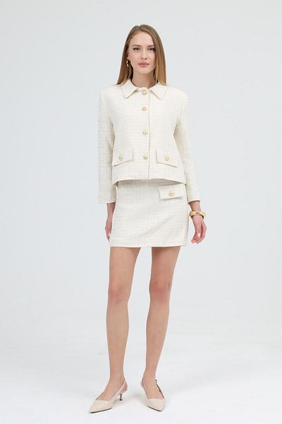 Dilek Aydın Atelier Ecru Tweed Suit Gold Button Detailed Jacket Skirt Suit