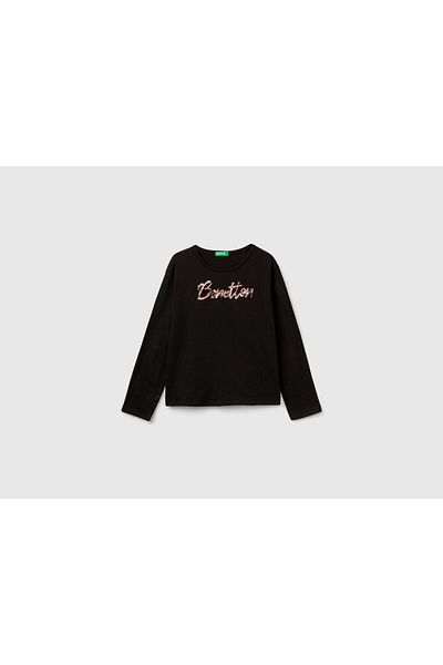 United Colors of Benetton Tricou cu mânecă lungă pentru fetiță, negru, cu paiete în față, cu logo brodat
