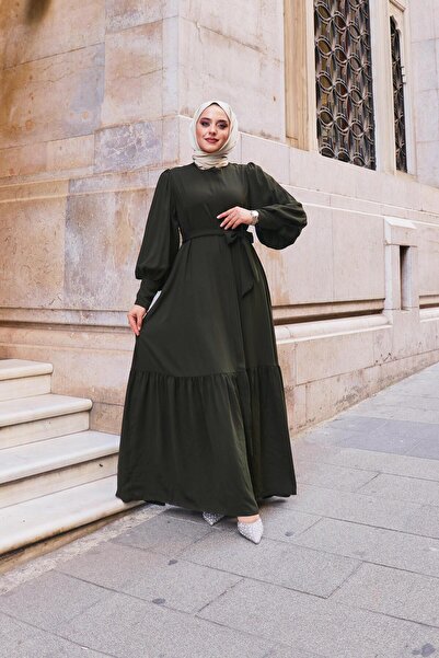 Berel Moda Belted Collar Skirt with Ruffle Detail Crepe Sena Tunic Khaki Green