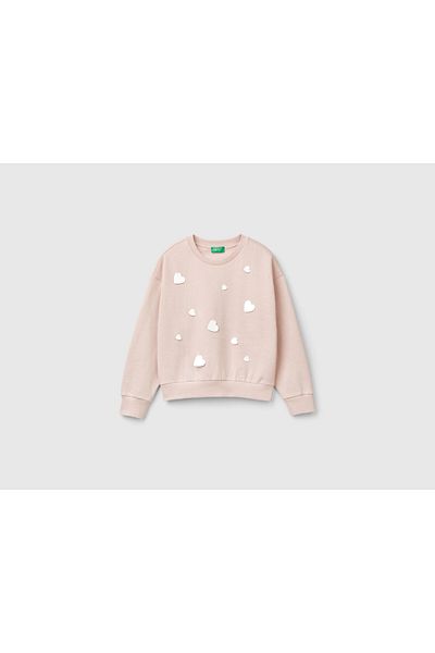 United Colors of Benetton Girl's Dusty Pink Front Heart Sequined Off-Shoulder Crew Neck Sweatshirt