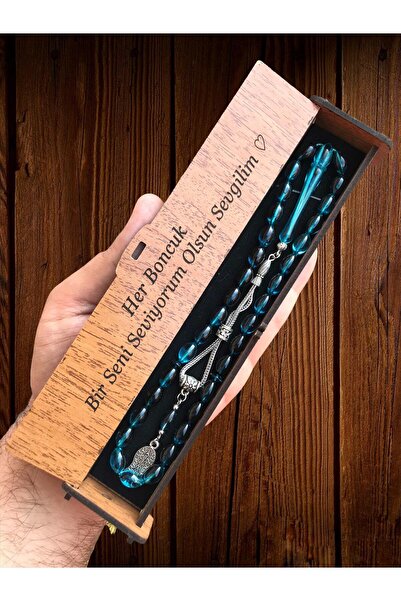 KANUNİ TESBİH Mărgele de rugăciune Moire, albastru petrol, cu cutie de lemn