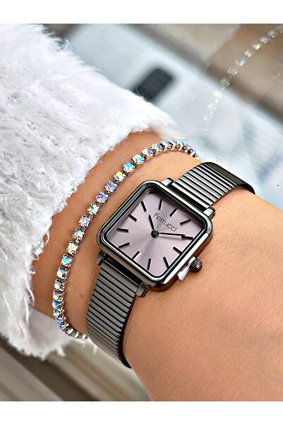 Ferrucci Siyah Renk Minimalist Kare Model Hasır Kadın Kol Saati + BİLEKLİK