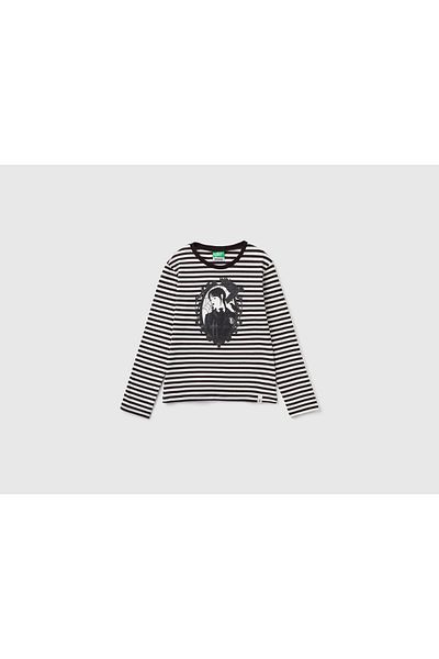 United Colors of Benetton Girl's Dark Gray Skirt Tip Logo Label Front Photo Printed Striped T-Shirt