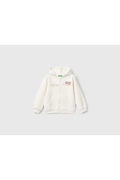 United Colors of Benetton Екрю яке за момиче с качулка, дълга дължина