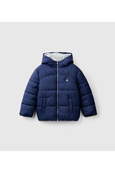United Colors of Benetton Boy's Navy Blue Left Chest Logo Patched Pufa Coat with Front Pocket Detail