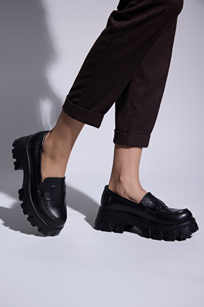 Eric Nurnberg Karrie Siyah Kalın Taban Hakiki Deri Loafer Kadın Ayakkabı