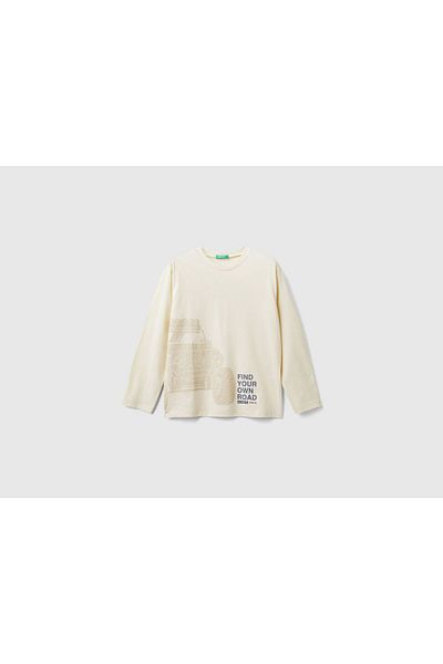 United Colors of Benetton Tricou cu mânecă lungă imprimat ecru față și spate pentru băiat