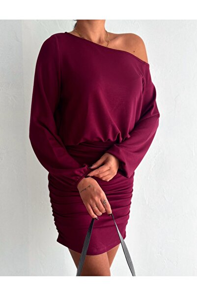 aytenli Μίνι φόρεμα ασύμμετρο λαιμόκοψη με μακρύ μπαλόνι με μανίκια, φαρδιά κάτω πλευρά, στενό πλαϊνό με κορδόνια