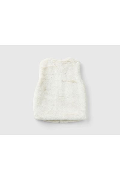 United Colors of Benetton Girl's Ecru Fur Vest with Zipper Closure and Front Pocket