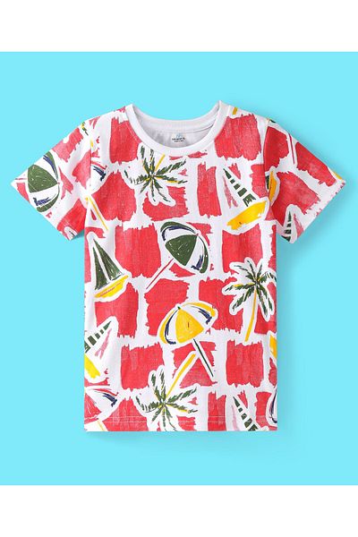 Ollington St. Ollington St. 100% Cotton Knit Half Sleeves T-Shirt & Denim Shorts Set with Beach Theme-Red & Indigo