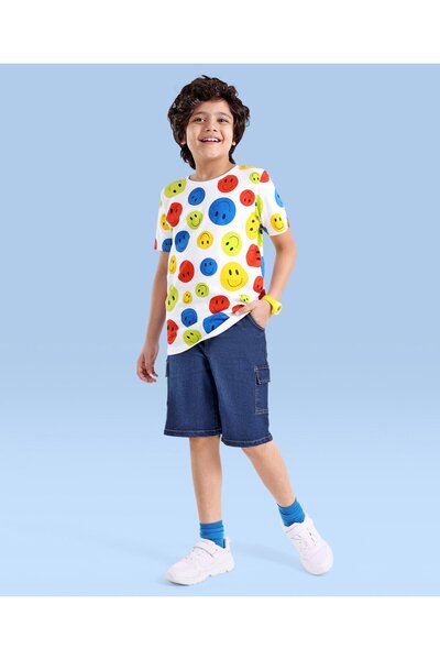 Ollington St. Ollington St. 100% Cotton Knit Half Sleeves Emojis Printed T-Shirt & Denim Shorts Set-White & Indigo