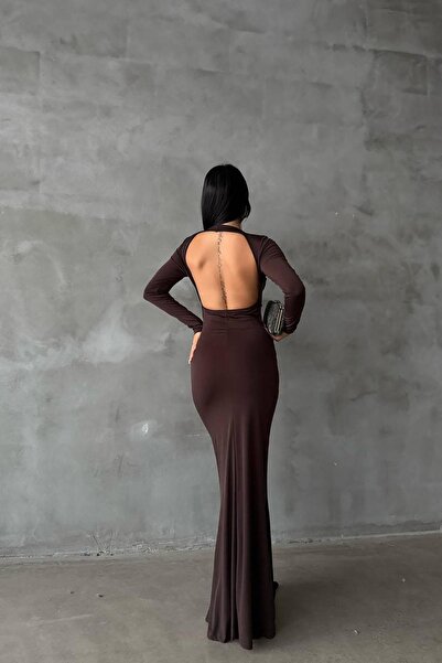 Deafox Καφέ μακρυμάνικο φόρεμα από αμμώδες ύφασμα με τετράγωνο γιακά με λεπτομέρεια στην κοιλιά και την πλάτη