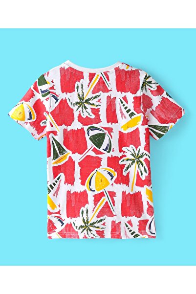 Ollington St. Ollington St. 100% Cotton Knit Half Sleeves T-Shirt & Denim Shorts Set with Beach Theme-Red & Indigo