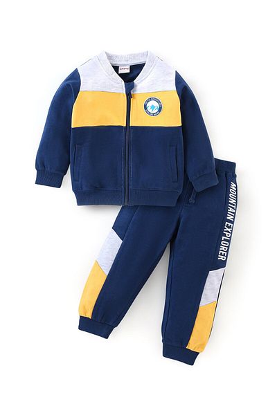 Babyhug Cotton Knit Full Sleeves T-Shirt & Lounge Pant Set Text Print - Blue Yellow & Grey