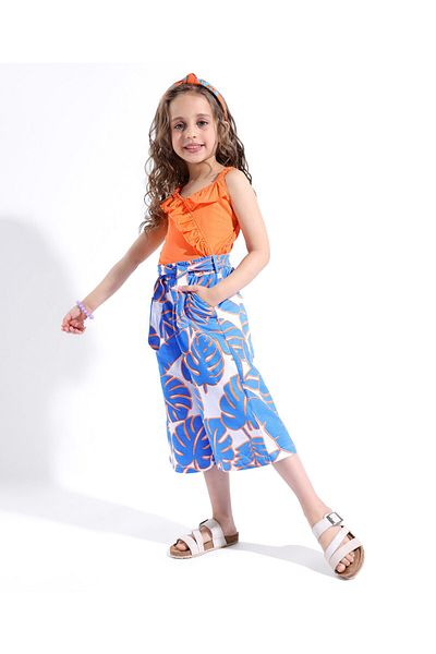 Ollington St. Ollington St. 100% Cotton Sleeveless Top with Frill & Tropical Printed Culottes Set - Orange & Blue