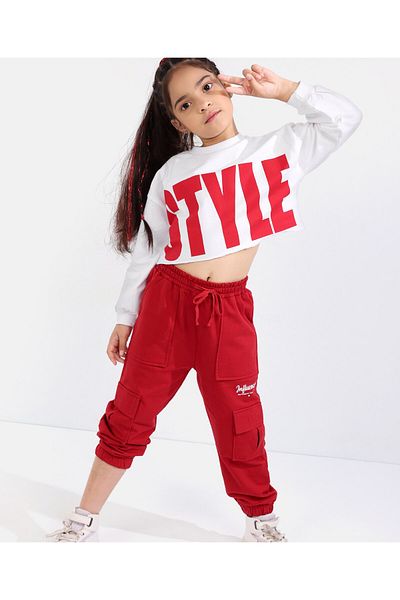 Ollington St. Ollington St. 100% Cotton Knit Drop Shoulder Full Sleeves Top & Cargo Joggers Set- White & Red
