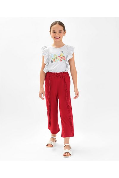 Ollington St. Ollington St. Cotton Frill Sleeves Top & Culottes Set with Floral Embroidery - Grey & Red