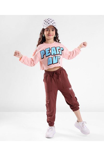 Ollington St. Ollington St. 100% Cotton Knit Drop Shoulder Full Sleeves Top & Cargo Joggers Set- Peach & Brown