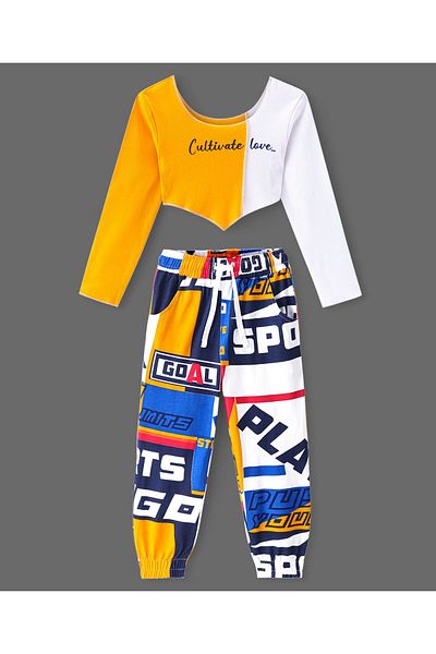 Ollington St. Ollington St. - Cotton Knit Full Sleeves Crop Top & Printed Joggers Set - Multicolor