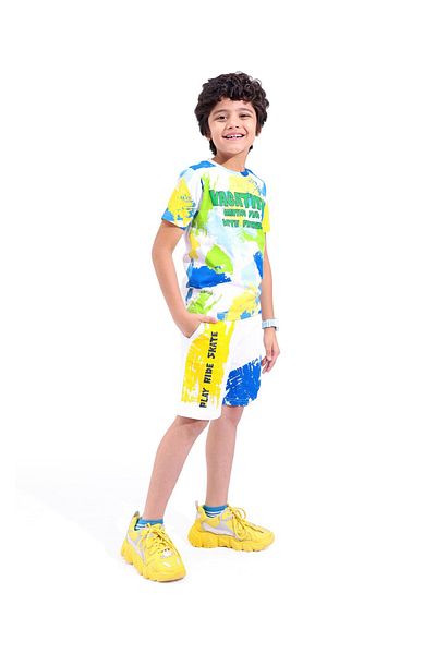 Ollington St. Ollington St. 100%Cotton Knit Half Sleeves T-Shirt & Shorts Set / Co-Ords Set Text Print -Multicolor