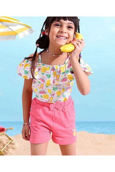 Babyhug 100% Cotton OffShoulder Watermelon Print Top with Shorts Set with Bow Applique -White & Pink