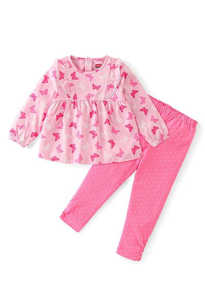 Babyhug Single Jersey Full Sleeves Top and Legging Butterfly Print - Pink