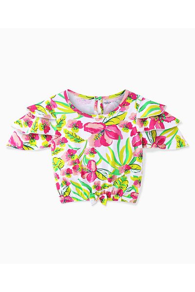 Ollington St. Ollington St. 100% Cotton Flared Sleeves Floral Top & Stretchable Denim Cargo Joggers-Multicolor