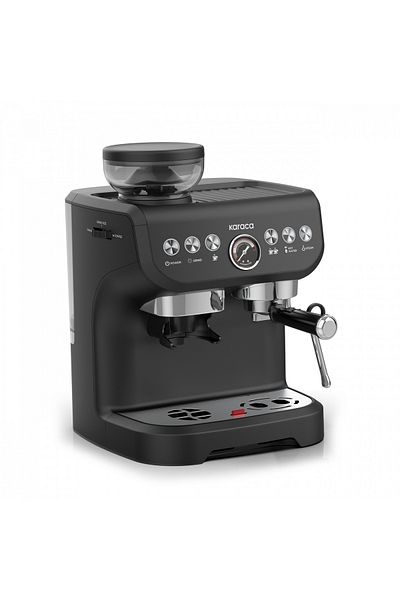 Karaca Coffee Art with Barista Grinder - Espresso with Milk Frother, Latte, Cappuccino, Americano - Black