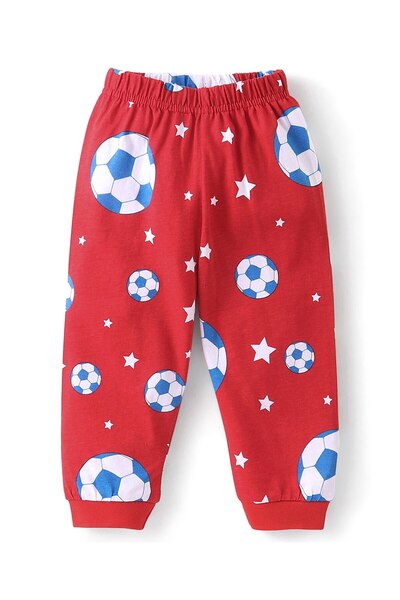 Babyhug Cotton Knit Full Sleeves Text & Football Printed Night Suit - Red
