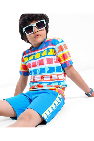 Ollington St. Ollington St. 100% Cotton Knit Half Sleeves T-Shirt & Shorts Set Text Print - Multicolor & Blue