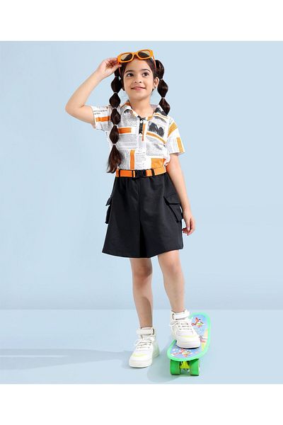 Ollington St. Ollington St. 100% Cotton Knit Short Sleeves Shirt & Skirt Set Text Print - White & Black