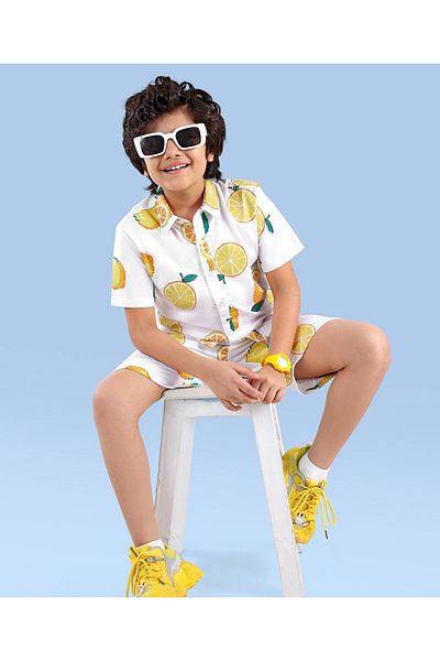Ollington St. Ollington St. 100% Cotton Knit Half Sleeves Shirt & Shorts/Co-ord Set Lemon Print - White